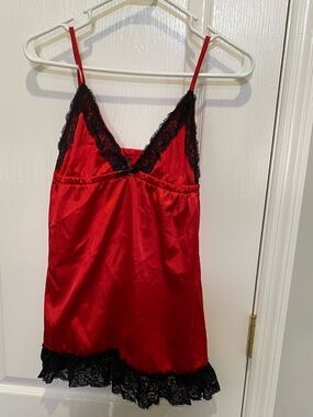 Red Satin Chemise with Black Lace Trim